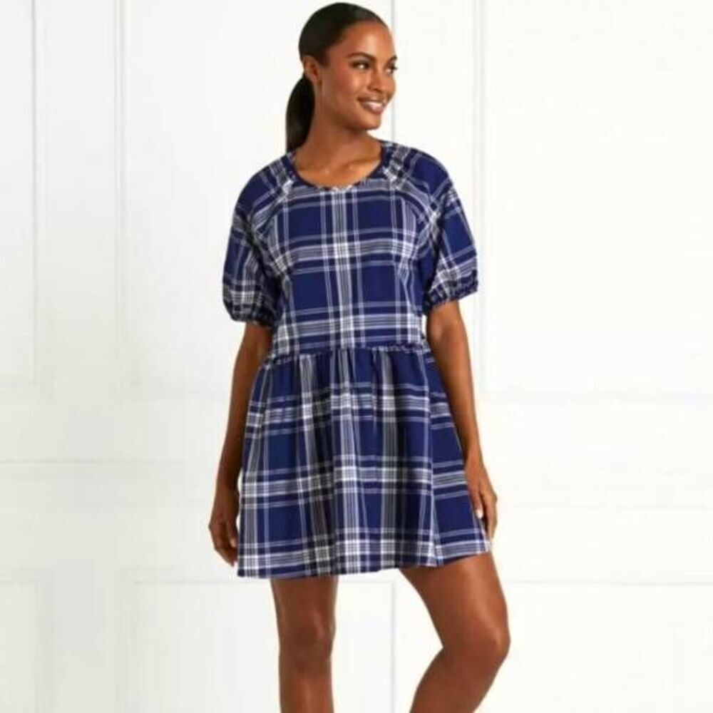 Hill House Adeline Puff Sleeve Mini Nap Dress Navy Plaid - XXS